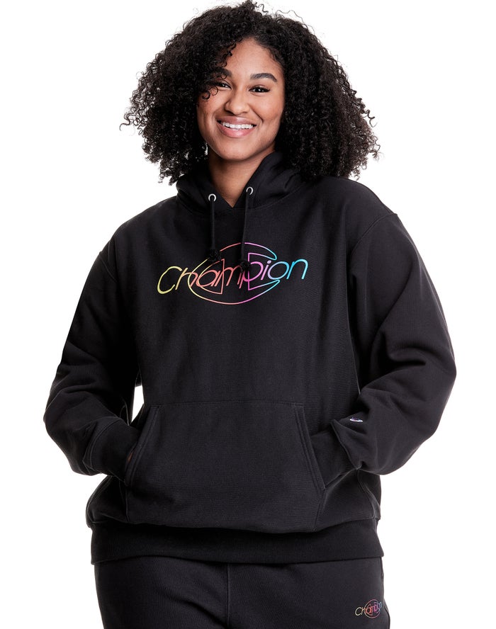 Champion Plus Reverse Weave Rainbow Logo Kadın Kapşonlu Sweatshirt Siyah ( HPIWSC479 )